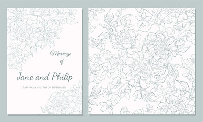 Wedding invitation card template design, bouquets of  peony  and tulip, vintage style. Card for Valentine's day, Mother's day.
