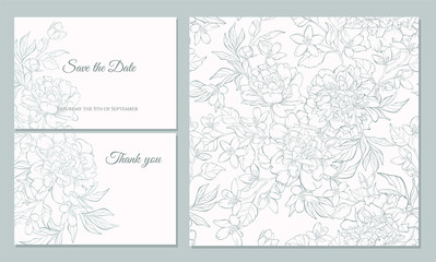 Wedding invitation card template design, bouquets of  peony  and tulip, vintage style. Card for Valentine's day, Mother's day. © j_bunina