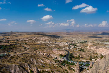 aerial view on Cappadocia, Goreme. Beautiful Turkish landscape. Most popular and famous place in Turkey 