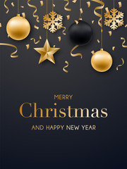 Fototapeta na wymiar Merry Christmas and Happy New Year card design. Realistic Christmas golden balls, stars, snowflakes and confetti. Vector design template for festive brochures, posters, banners, greeting card, etc.
