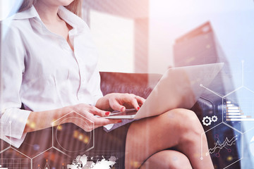 Businesswoman with computer, infographics