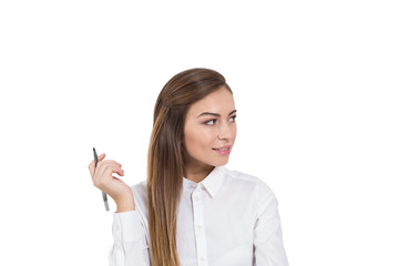 Cheerful young businesswoman with pen, isolated