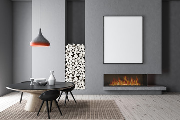 Gray dining room, fireplace and poster