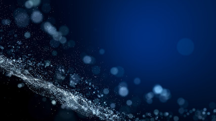 blue background, digital signature with wave particles, sparkle, veil and space with depth of field. The particles are white light lines.