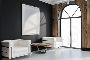 Black office lounge with poster side view