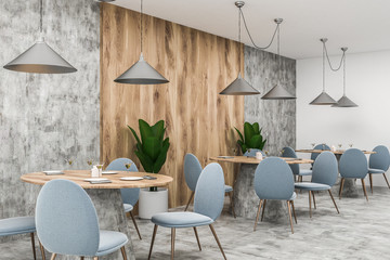 Wood and gray cafe interior, blue chairs