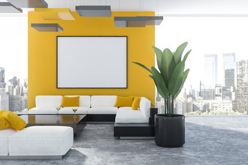 Yellow living room, white sofa and banner