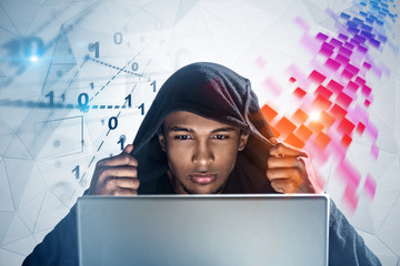 Hacker with laptop, digital interface