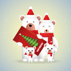 Cute cartoon white bear family. and gift card in snow for winter season.