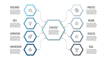 Business infographic. Organization chart with 8 options, hexagons. Vector template.