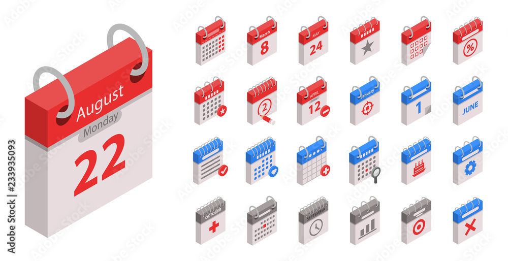 Poster calendar icon set. isometric set of calendar vector icons for web design isolated on white backgroun