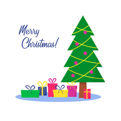 Fototapeta premium Merry Christmas card with gifts near Christmas tree with lettering. Vector illustration.