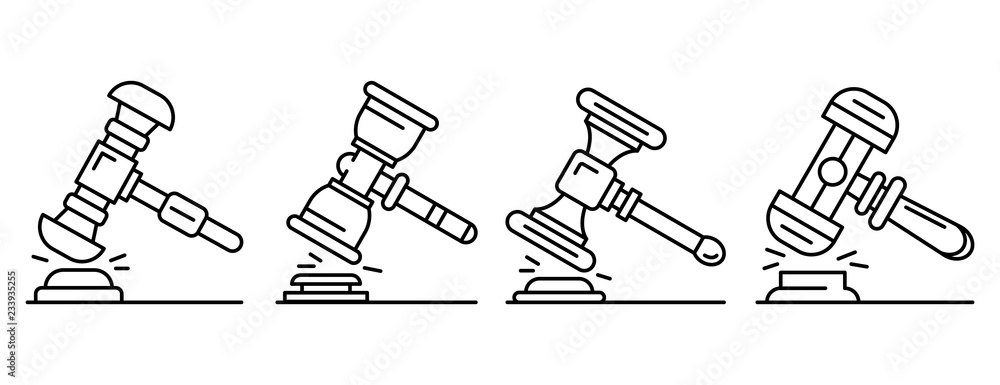 Poster judge hammer icon set. outline set of judge hammer vector icons for web design isolated on white bac