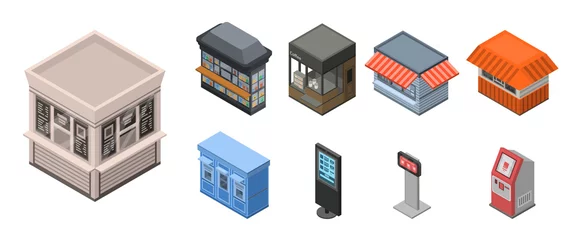 Deurstickers Street shop kiosk icon set. Isometric set of street shop kiosk vector icons for web design isolated on white background © ylivdesign