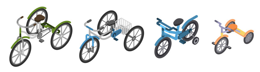 Tricycle icon set. Isometric set of tricycle vector icons for web design isolated on white background - obrazy, fototapety, plakaty