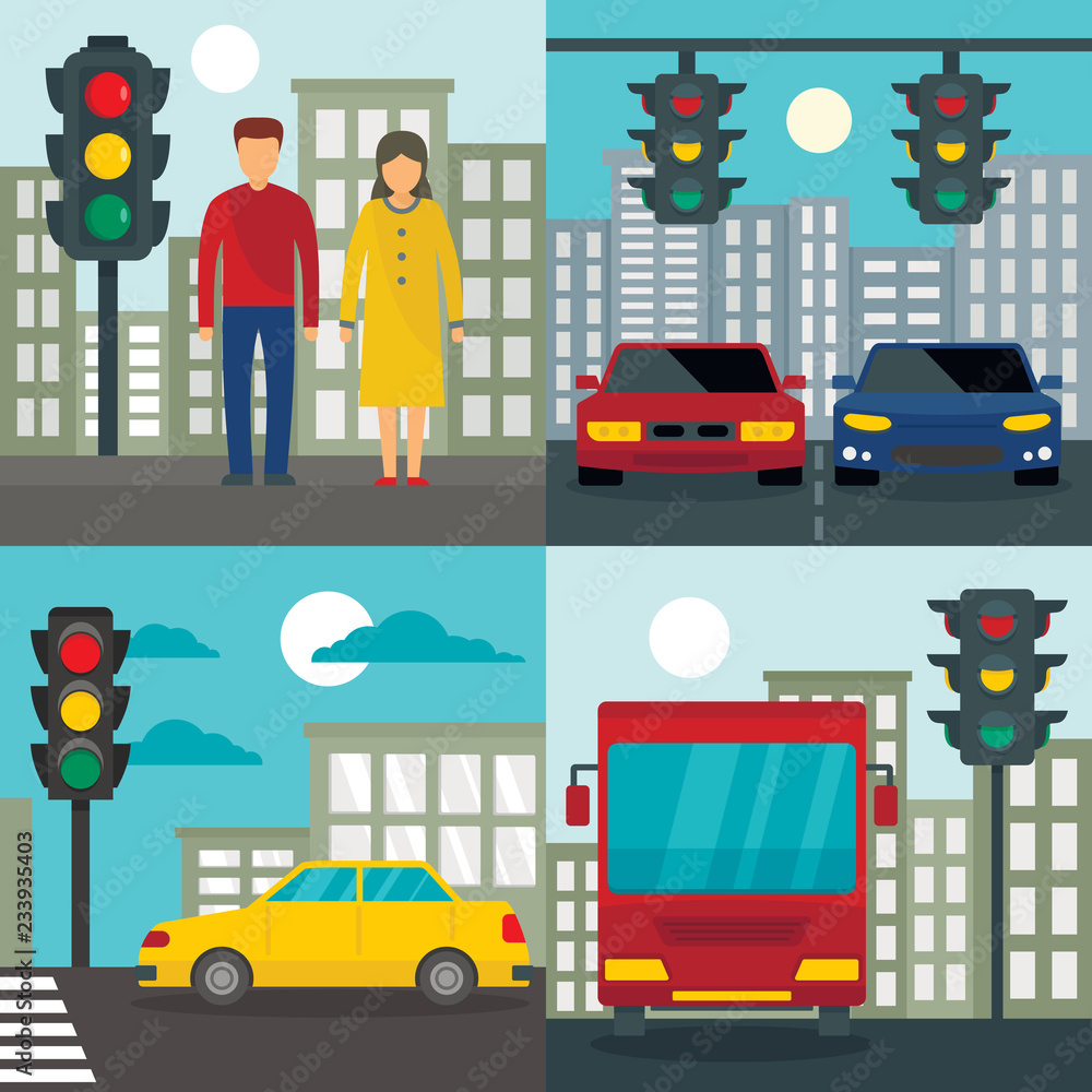 Poster traffic lights semaphore banner set. flat illustration of traffic lights semaphore vector banner set
