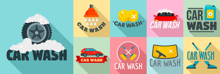 Car wash logo set. Flat set of car wash vector logo for web design