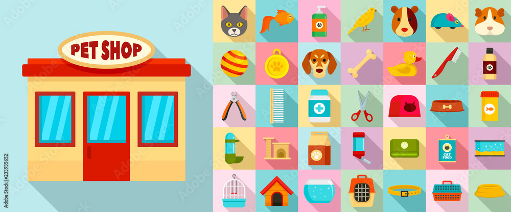 Aufkleber pet store icon set. flat set of pet store vector icons for web design