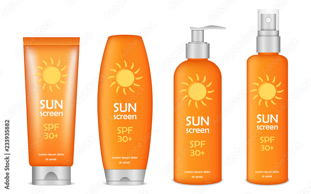 Sticker sunscreen icon set. realistic set of sunscreen vector icons for web design isolated on white backgro