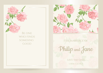 Floral wedding invitation card template design, bouquets of  rose and leaves with rectangle frame on white background, card for valentine's day, mother's day, vintage style. Seamless pattern included.
