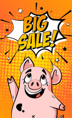 Sale banner with cartoon pig and text cloud on orange background. Holiday card in comics style. Vector. - 233935825