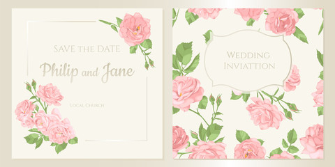 Wedding invitation card template design, bouquets of  roses and leaves with rectangle frame on white background, vintage style.  Seamless pattern included.