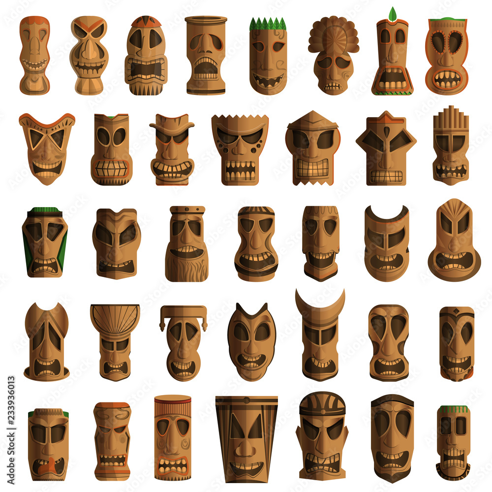 Poster tiki idols icon set. cartoon set of tiki idols vector icons for web design