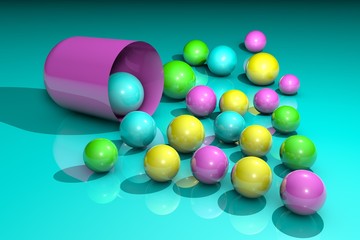 Open pink capsule with colorful medicinal granules. Pharmacy drugstore. Antibiotic capsule. Probiotic capsule. Vitamin and mineral complex. 3d illustration