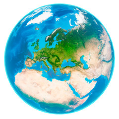 3d illustration of our planet Earth without and without clouds isolated on white background. Scenic view of Europe from space. Elements of this image furnished by NASA. © Petr Zyuzin