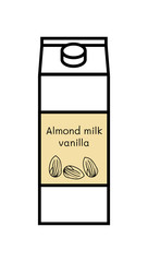 Vector line icon of flavored vegan vanilla almond milk isolated on a white background. Plant based non dairy alternative. Icon of carton box with screw cap and with label with illustration of almonds.