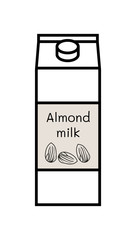 Vector line icon of vegan almond milk isolated on a white background. Plant based non dairy alternative. Black icon of carton box with screw cap and with label where is illustration of almonds.