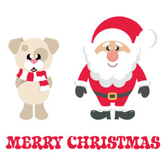 winter christmas dog with scarf and santa claus and christmas text