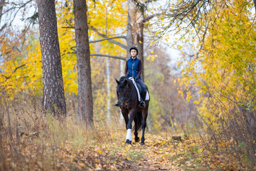 Teenage girl riding horse in autumn park