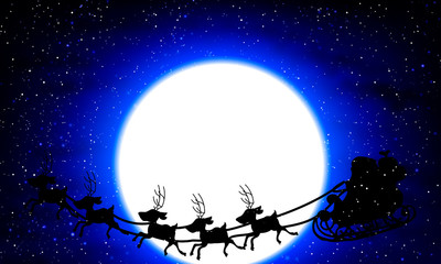 Santa Claus flying on the background of a full moon and snowflakes