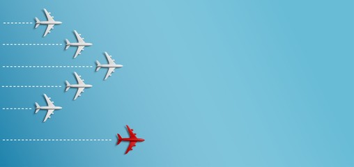 Grupo de aviones en una dirección y un avión rojo apuntando de manera diferente sobre fondo azul. Negocio para la creatividad de nuevas ideas y conceptos de soluciones