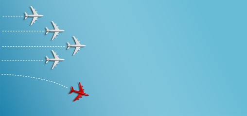 Grupo de aviones en una dirección y un avión rojo apuntando de manera diferente sobre fondo azul....