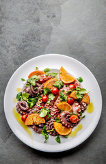 Whole octopus salad with orange, tomatoes and cress salad on white plate. Top view