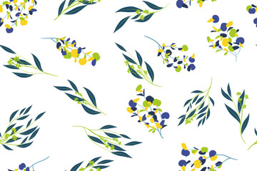 Fototapeta na wymiar Eucalyptus Vector. Colorful Seamless Pattern with Vector Leaves, Branches and Floral Elements. Elegant Background for Wedding Design, Fabric, Textile, Dress. Eucalyptus Vector in Watercolor Style.