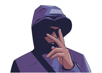 Illustration of young hooded gang member with victory hand sign - obrazy, fototapety, plakaty