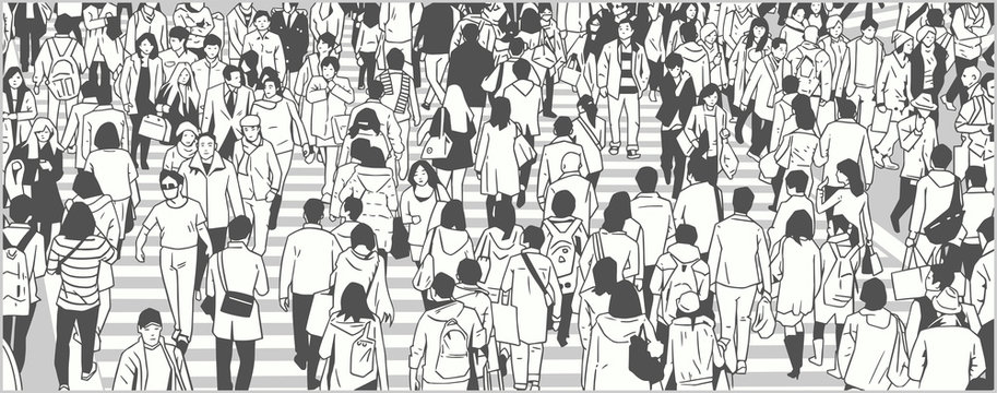 Illustration Of Large City Crowd People Tourist Walking