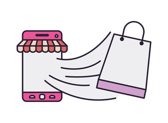 smartphone with tent and shopping bag coming out