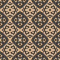Vector damask seamless retro pattern background round check curve cross plant vine frame flower