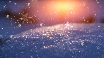Obraz premium Winter snow background, blue color, snowflakes, Winter snow background, blue color, snowflakes, sunlight, macro.