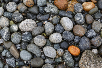 Close up of round granite stones and pebbles on an Alaska shore