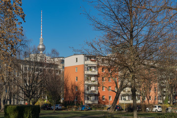 Blick vom Luisenstädtischen Kirchpark zum Fernsehturm an einem sonnigen Herbsttag