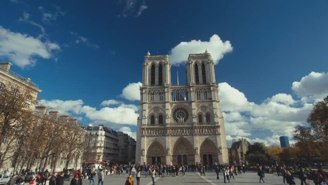 Panning establishing shot of the famous Notre Dame Church in Paris.