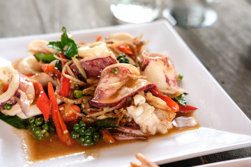 spicy fried stir sea food, Thai foods