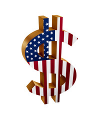 Golden dollar sign/symbol with American flag on a clock isolated in white background