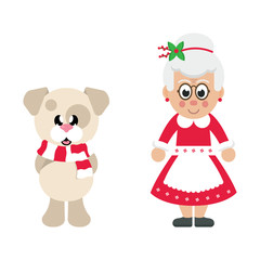winter christmas dog with scarf and cartoon mrs santa