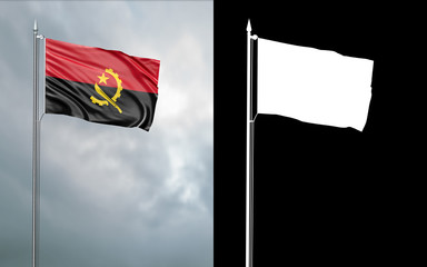 3d illustration of the state flag of the Republic of Angola moving in the wind at the flagpole in front of a cloudy sky with its alpha channel
